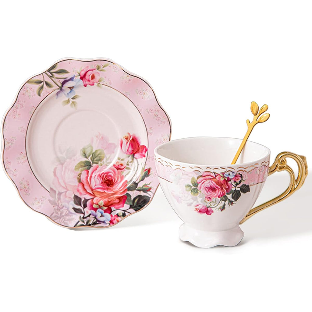 Pink Floral Porcelain Tea Cup & Saucer Set with Golden Handle - Elegant Wavy Edge 7oz Mug, Pink Roses & Green Foliage Design, Durable Heat-Retaining Coffee Cup for Tea, Coffee, Hot Beverages - Ideal for Home, Office, or Gift, Home Dining Accessories,