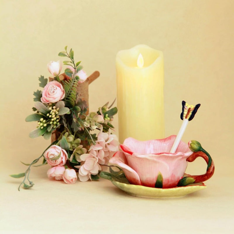 1pc Elegant Hand-Painted Ceramic Tea Cup and Saucer Set with Butterfly Spoon - 6oz Pink Rose & Green Leaf Floral Design, Soft Pastel Colors (Pink, Green, Yellow, Brown) - Hand-Painted Dolomite Ceramic Mug for Coffee, Tea, Hot/Cold Drinks - Decorative Gift