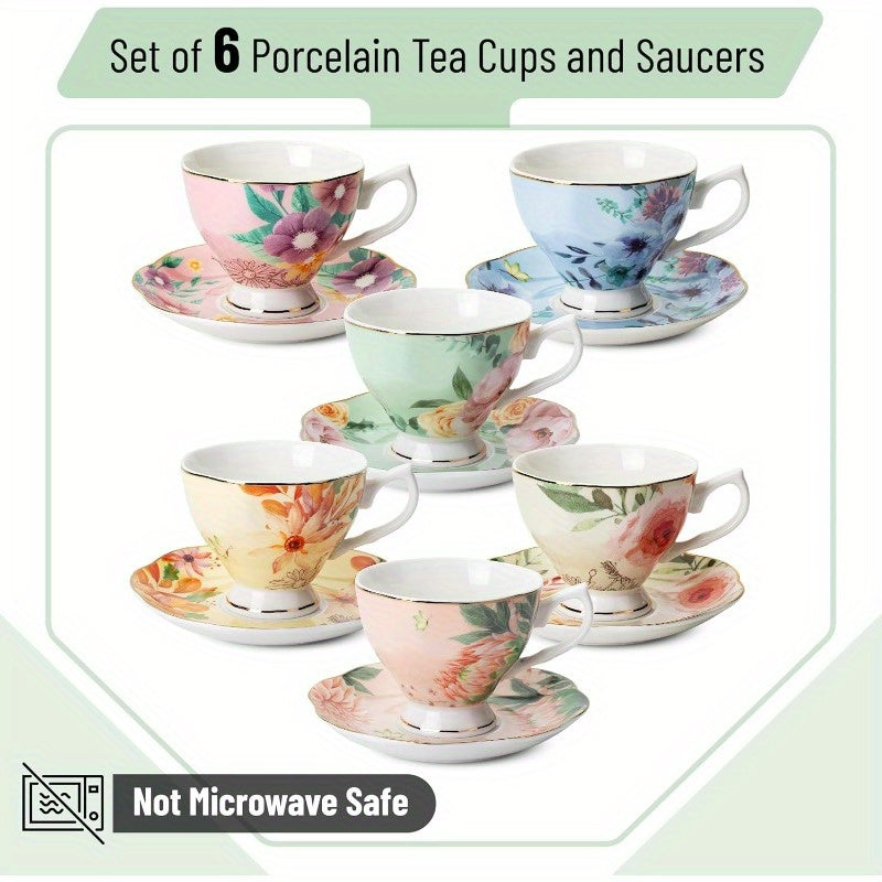 BTaT Floral Tea Cups and Saucers Set of 6 8oz Porcelain Tea Cups Set of 6 Pastel Flower Garden Design with Golden Trim Dishwasher Safe, Tea Cup And Spoon Set, Porcelain Tea Cup, Chinese Tea Ware, Tea Spoon Set, Tea Cup Set with Spoon, Home Dining, Tea