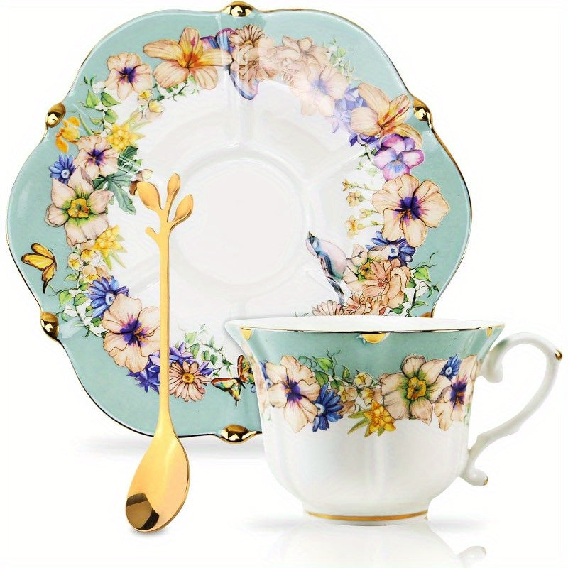 3pcs Vintage Floral Tea Cup and Saucer Set with Golden Trim - Light Cyan Porcelain, Insulated Ceramic, Hand Wash Only, Ideal for Women'S Tea Parties, Includes 1 Cup and 2 Saucers, Tea Party Essentials | Elegant Tableware | Durable Ceramic, Tea Party