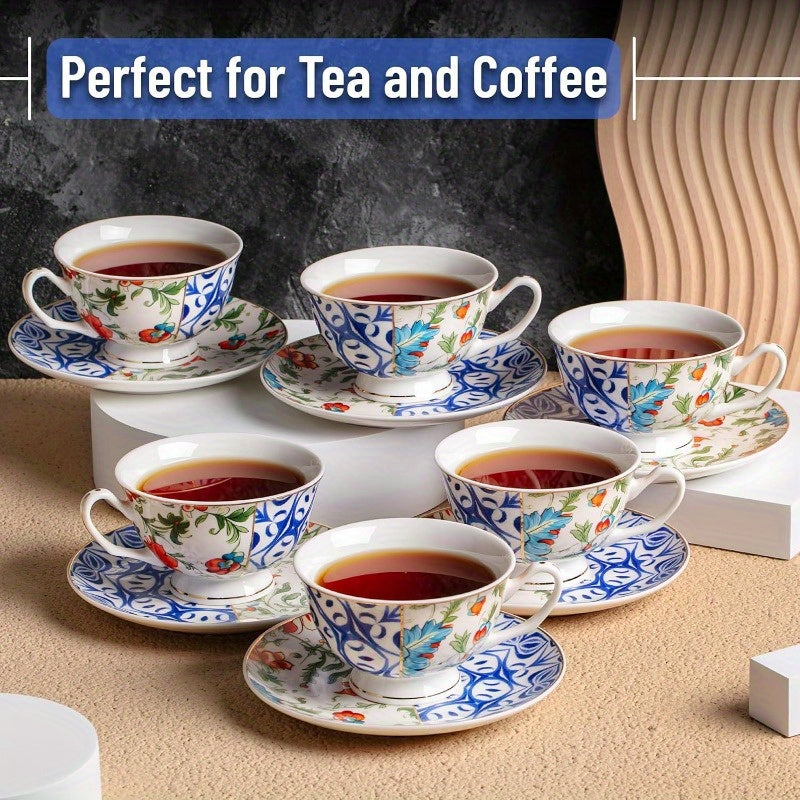 BTaT Set of 6 Vintage Indigo Bloom Floral Porcelain Tea Cups & Saucers - 8oz Elegant Blue & White Bone China-Style Cups with Dishwasher Safe Design, Microwave & Freezer Safe, Stackable for Space-Saving Storage - Ideal for Tea, Coffee, Home or Gifting,