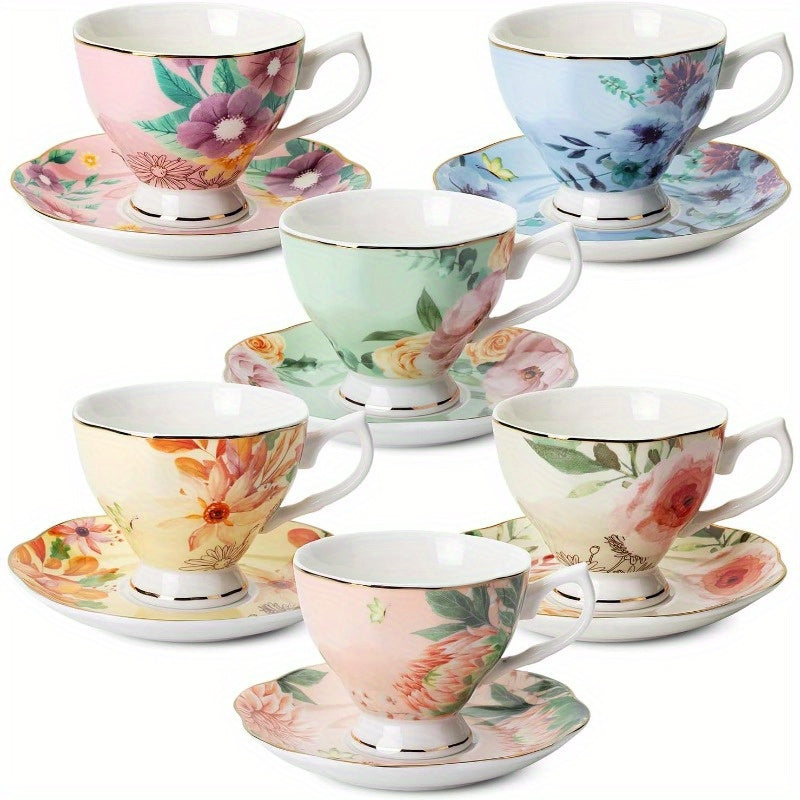 BTaT Floral Tea Cups and Saucers Set of 6 8oz Porcelain Tea Cups Set of 6 Pastel Flower Garden Design with Golden Trim Dishwasher Safe, Tea Cup And Spoon Set, Porcelain Tea Cup, Chinese Tea Ware, Tea Spoon Set, Tea Cup Set with Spoon, Home Dining, Tea