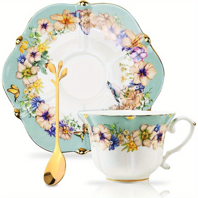 Elegant Country Roses Porcelain Tea Set with Golden Trim - 3 Pies, Vintage Style, Ideal for Women'S Tea Parties, Light Cyan, Tea Party Accessories|Vintage Tea Set|Decorative Tea Cup