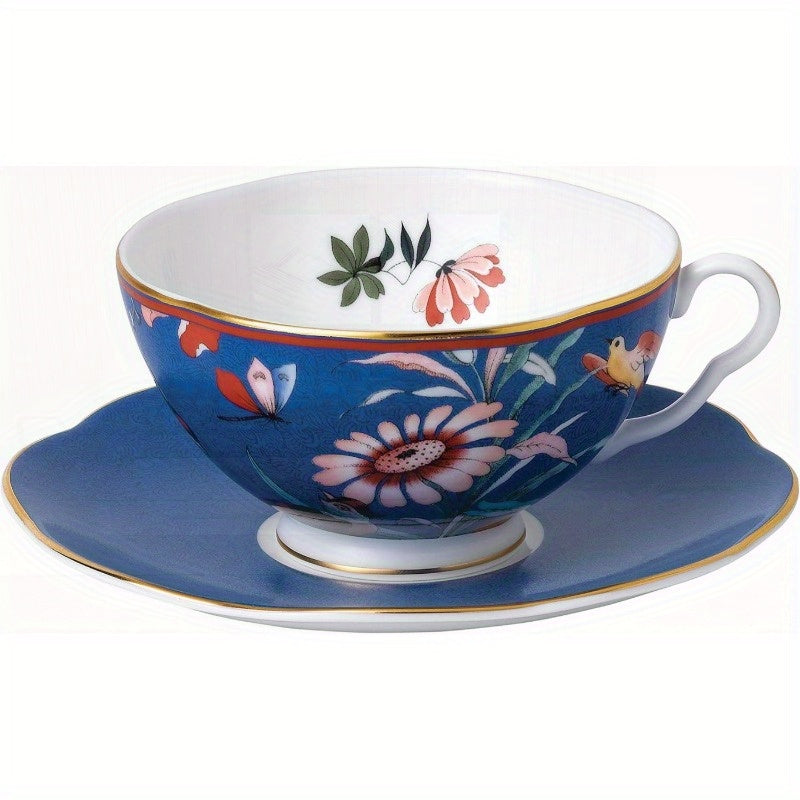 Paeonia Blush Teacup and Saucer - Blue Fine Bone China, 6.76oz, Hand Wash Only, Reusable, Elegant Floral Design with Pink, White, and Green Flowers, Perfect for Travel and Home Use, Home Tea Accessories | Elegant Floral Design | Durable Teacup, Tea