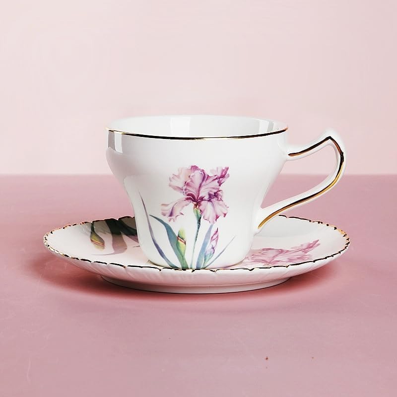 Bone China Tea Cup Set with Saucer Spoon 3 Piece Set 7oz Cappuccino Latte Cups Porcelain British Style Mother's Day Gift (Pink Iris)