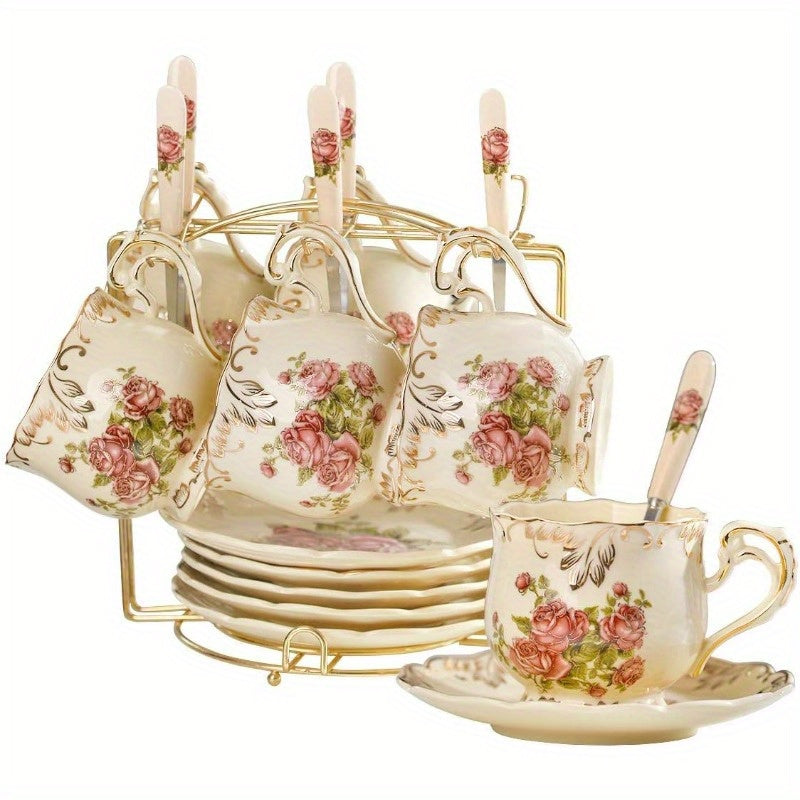 Ivory Pink Rose Tea Cups and Saucers Set of 6 8oz Vintage Floral Porcelain Tea Cups Set Coffee Cups with Golden Rack