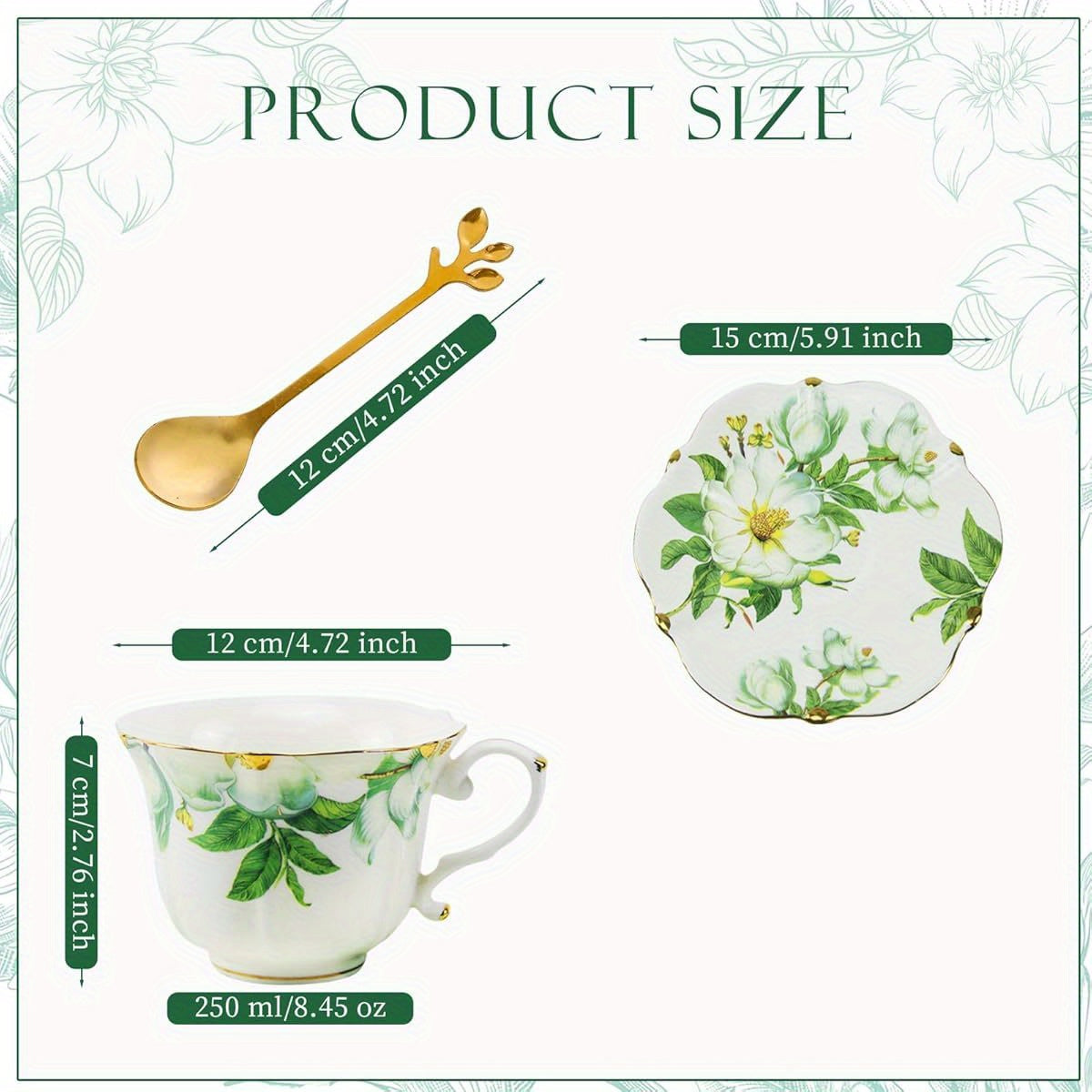 Country Roses Porcelain Tea Cup and Saucer Set with Golden Trim, 3pcs, Vintage Style, for Women and Tea Parties ( 1, Green)