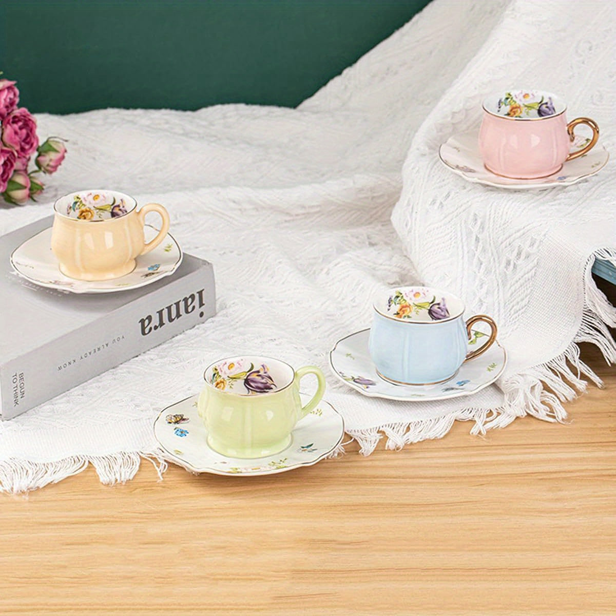 Pink Coffee Cup and Saucer Set, Porcelain Tea Cup with Golden Trim, Big Floral Tea Cup for Gift, Tea Party, 7. 43oz
