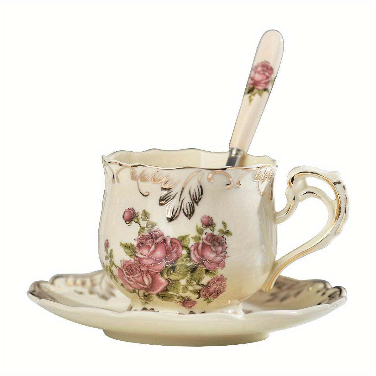 YOLIFE Vintage Floral Tea Cup and Saucer Set with Spoon - 8oz Ceramic Teacup, Ivory & Pink Rose Design with Golden Leaf Trim, Elegant Gift for Women, Afternoon Tea, Special Occasions, Durable & Easy-Clean Porcelain Set