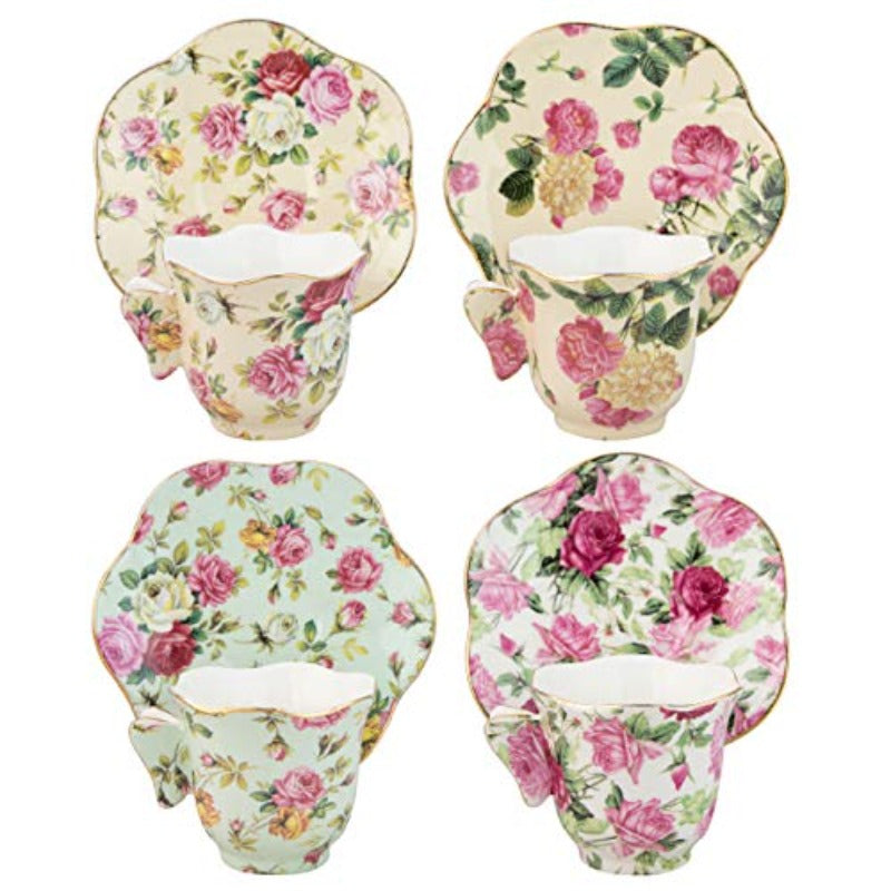 Gracie China Rose Chintz 2Ounce Porcelain Espresso Cup and Saucer Set with Butterfly Handles - 4pcs, Floral Design, White Porcelain, Perfect for Coffee or Tea, Coffee Bar Accessories | Floral Pattern Cup | Durable Porcelain