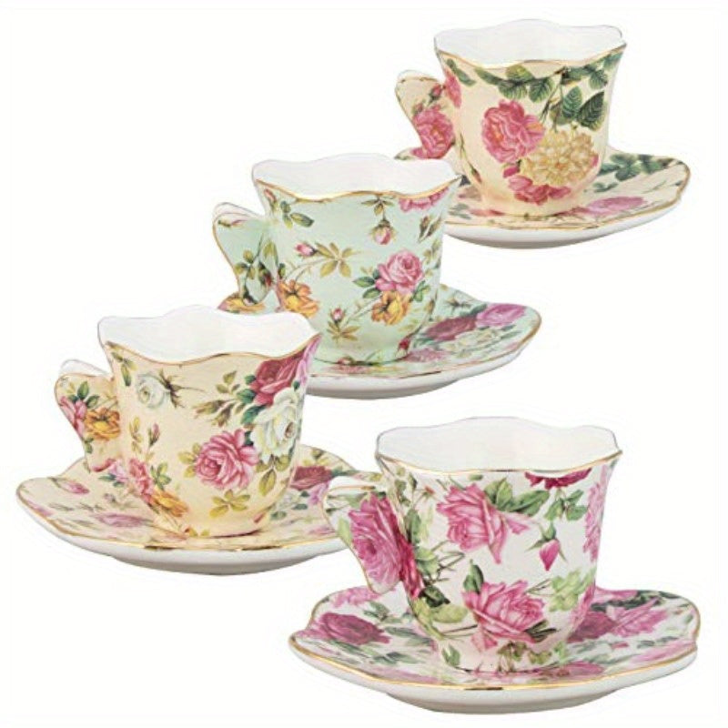 Gracie China Rose Chintz 2Ounce Porcelain Espresso Cup and Saucer Set with Butterfly Handles - 4pcs, Floral Design, White Porcelain, Perfect for Coffee or Tea, Coffee Bar Accessories | Floral Pattern Cup | Durable Porcelain