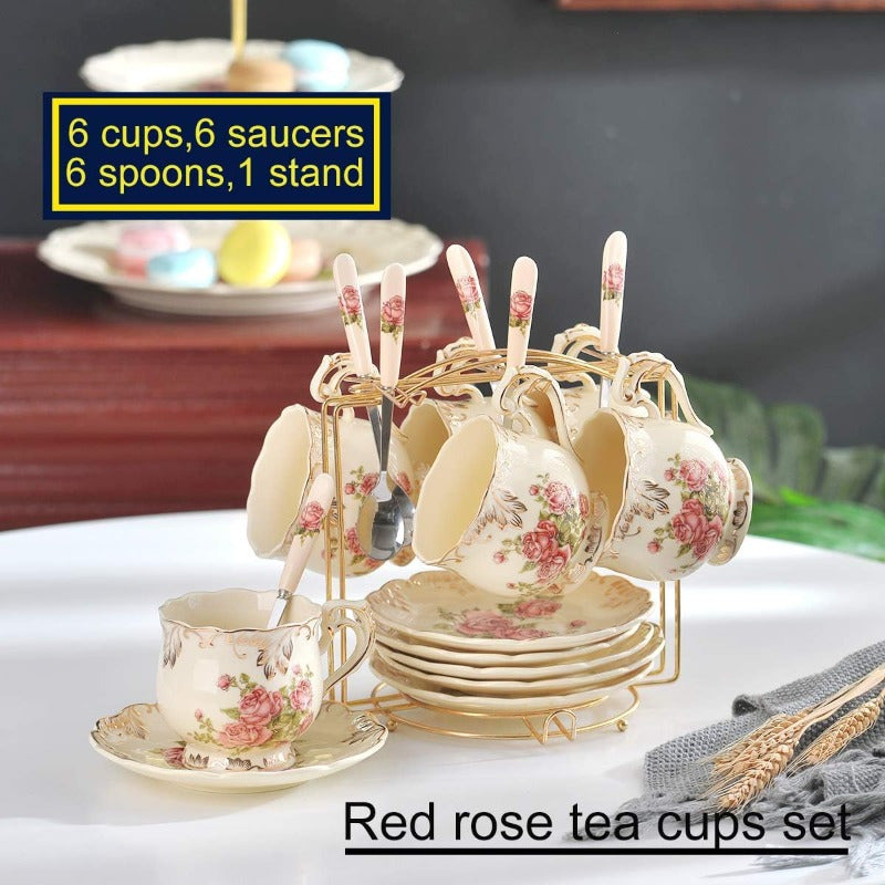 Ivory Pink Rose Tea Cups and Saucers Set of 6 8oz Vintage Floral Porcelain Tea Cups Set Coffee Cups with Golden Rack