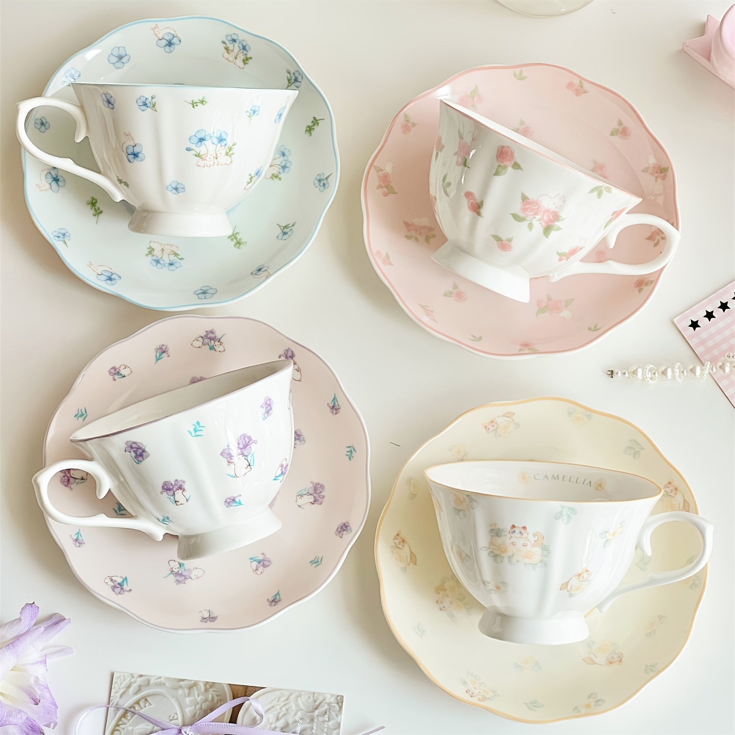 Elegant Vintage French-Inspired Teacup And Saucer Set - Whimsical Floral And Animal Motifs for Afternoon Tea, Coffee, Or Decor - Includes Matching Spoon (4pcs Set - Porcelain/Bone China), Best for Christmas, Perfect for Thanksgiving