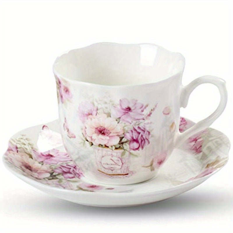 Elegant Floral Porcelain Tea Cups and Saucers Set of 6, 7oz - Pink and Purple Flowers, Microwave & Dishwasher Safe, Ideal Gift for Tea Lovers, Tea Cup Set