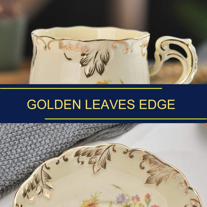 Flowering Shrubs Tea Cups and Saucers Set of 6 Ivory Ceramic Floral Tea Cups Set with Golden Rack Coffee Cups 8oz, Cups for Tea, Porcelain Tea Cup, Teacup, Tea Sets, Elegant Tableware, Tea Party Supplies, Vintage Tea Ware, Decorative Teacups, Fine China