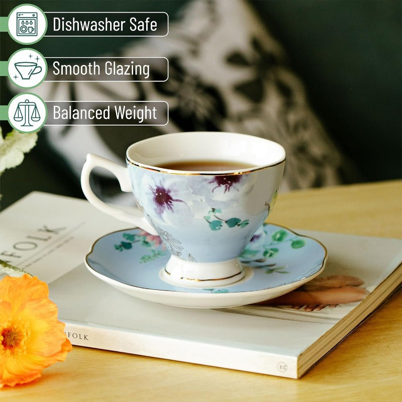 BTaT Floral Tea Cups and Saucers Set of 6 8oz Porcelain Tea Cups Set of 6 Pastel Flower Garden Design with Golden Trim Dishwasher Safe, Tea Cup And Spoon Set, Porcelain Tea Cup, Chinese Tea Ware, Tea Spoon Set, Tea Cup Set with Spoon, Home Dining, Tea