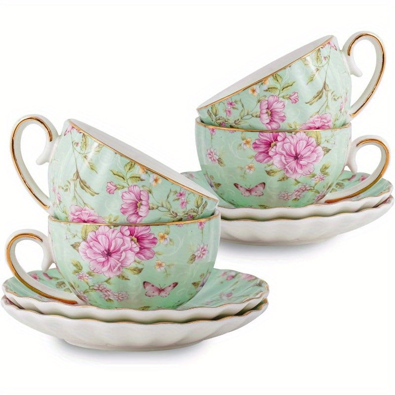 Tea Cup and Saucers 6. 4oz Floral Tea Cups with Golden Trim Porcelain Bone China Teacup Coffee Cappuccino Espresso Latte Mugs for Party Birthday Party Cafe Home Christmas Gift Green