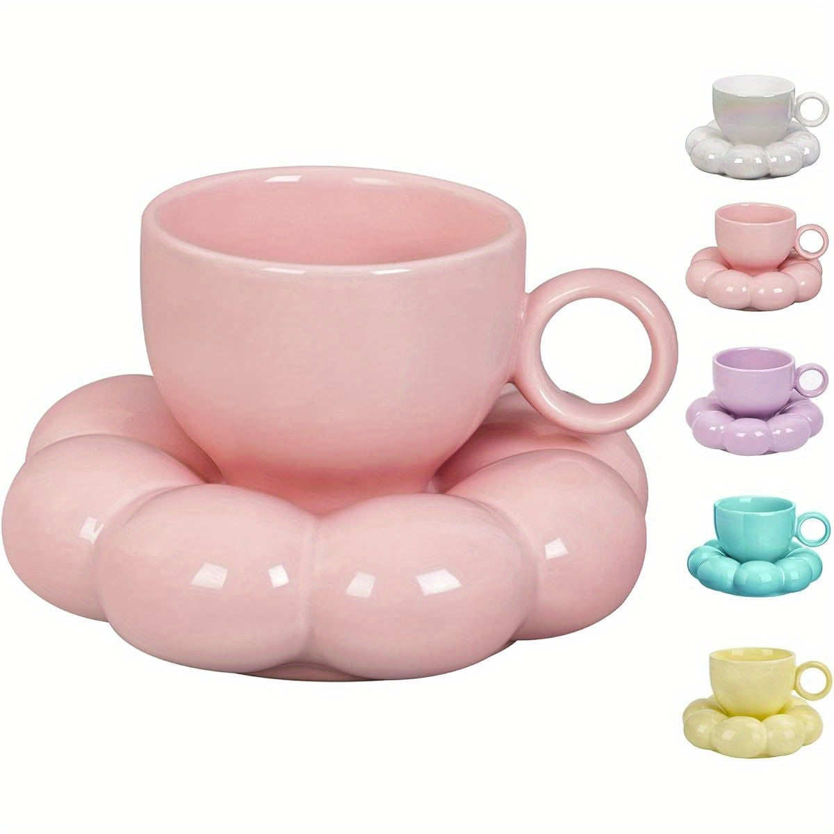 Women'S Coffee Mug Set with Saucer & Spoon - Microwave & Dishwasher Safe Cup, Elegant Floral-like design, Pastel Peach Pink - Ideal Gift for Mom, Wife, Girlfriend - Latte, Tea, Cocoa Cup - Kitchen & Dining Essentials, Home Drinkware, Stylish Drinkware,
