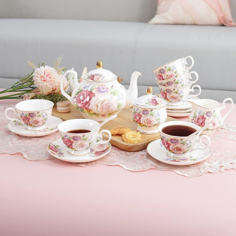 fanquare European Porcelain Coffee & Tea Set - Vintage Floral Bone China with Pink Roses & Golden Rim, Elegant Teapot & Cups with Saucers and Sugar Bowls for Women, Elegant Gift Box, Durable & Easy-Clean Surface, Ideal for Home, Office, or Special