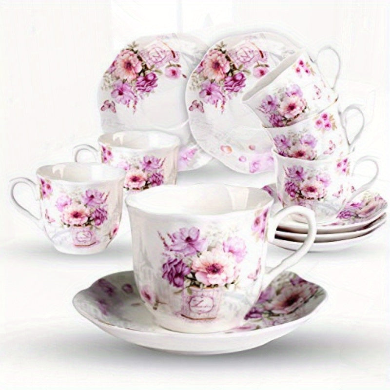 Elegant Floral Porcelain Tea Cups and Saucers Set of 6, 7oz - Pink and Purple Flowers, Microwave & Dishwasher Safe, Ideal Gift for Tea Lovers, Tea Cup Set