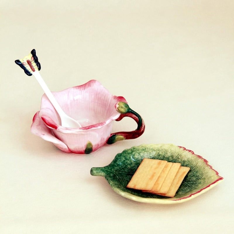 1pc Elegant Hand-Painted Ceramic Tea Cup and Saucer Set with Butterfly Spoon - 6oz Pink Rose & Green Leaf Floral Design, Soft Pastel Colors (Pink, Green, Yellow, Brown) - Hand-Painted Dolomite Ceramic Mug for Coffee, Tea, Hot/Cold Drinks - Decorative Gift