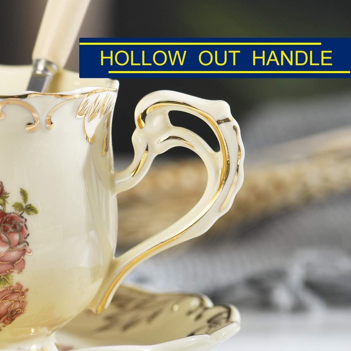 YOLIFE Vintage Floral Tea Cup and Saucer Set with Spoon - 8oz Ceramic Teacup, Ivory & Pink Rose Design with Golden Leaf Trim, Elegant Gift for Women, Afternoon Tea, Special Occasions, Durable & Easy-Clean Porcelain Set