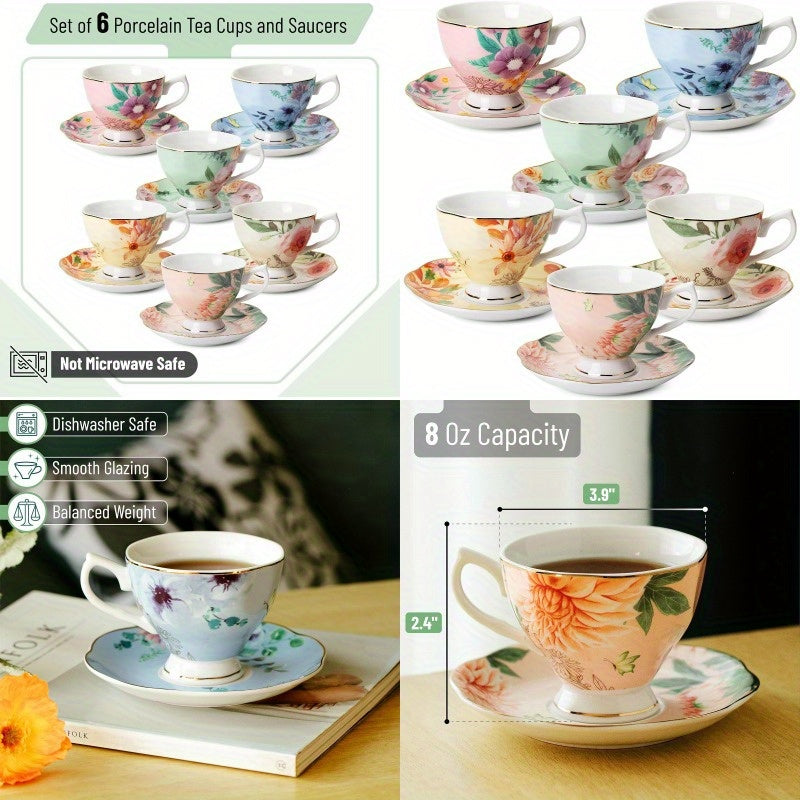 BTaT Floral Tea Cups and Saucers Set of 6 8oz Porcelain Tea Cups Set of 6 Pastel Flower Garden Design with Golden Trim Dishwasher Safe, Tea Cup And Spoon Set, Porcelain Tea Cup, Chinese Tea Ware, Tea Spoon Set, Tea Cup Set with Spoon, Home Dining, Tea