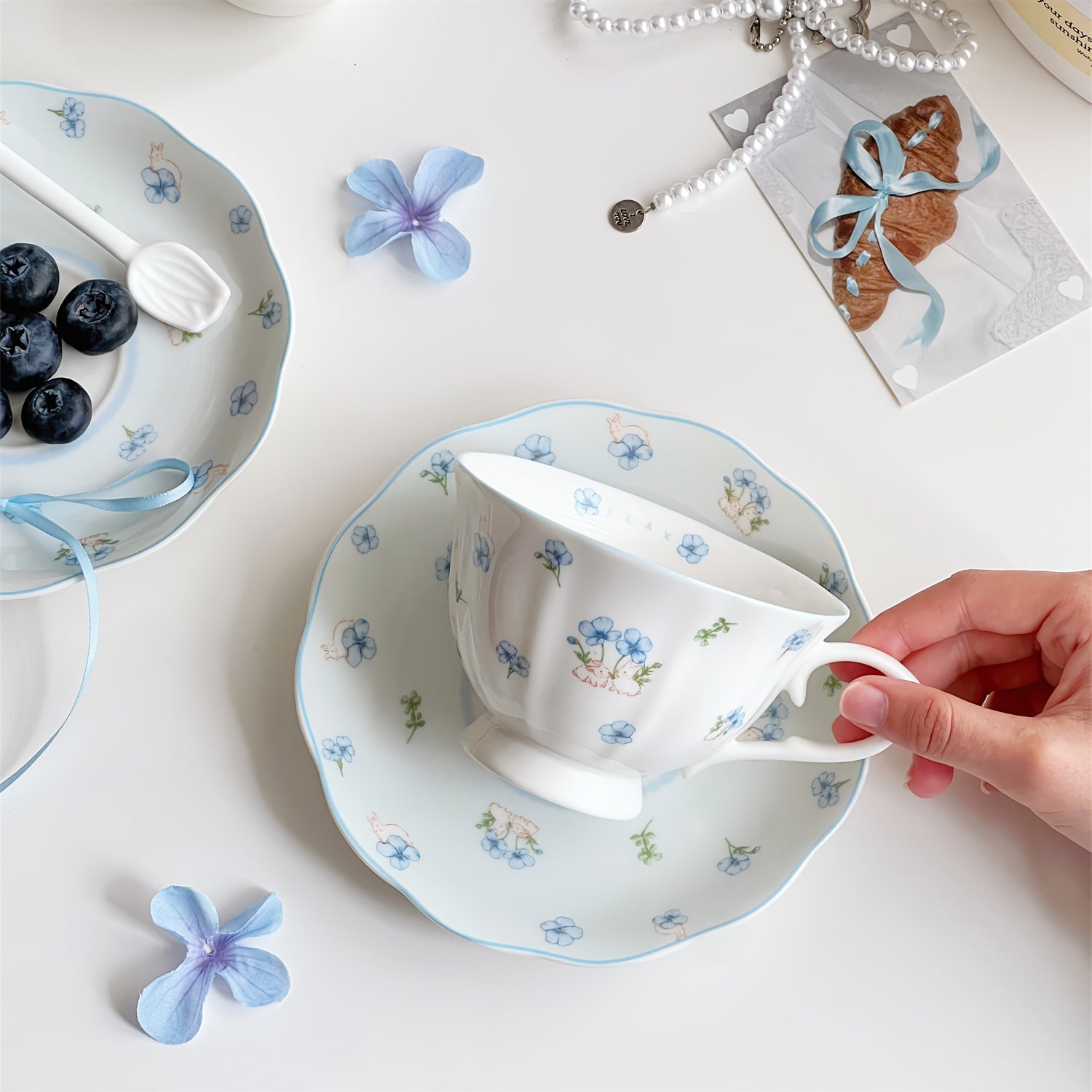 Elegant Vintage French-Inspired Teacup And Saucer Set - Whimsical Floral And Animal Motifs for Afternoon Tea, Coffee, Or Decor - Includes Matching Spoon (4pcs Set - Porcelain/Bone China), Best for Christmas, Perfect for Thanksgiving