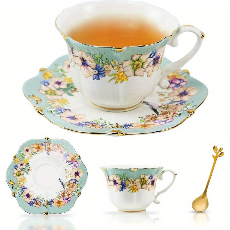 Elegant Country Roses Porcelain Tea Set with Golden Trim - 3 Pies, Vintage Style, Ideal for Women'S Tea Parties, Light Cyan, Tea Party Accessories|Vintage Tea Set|Decorative Tea Cup