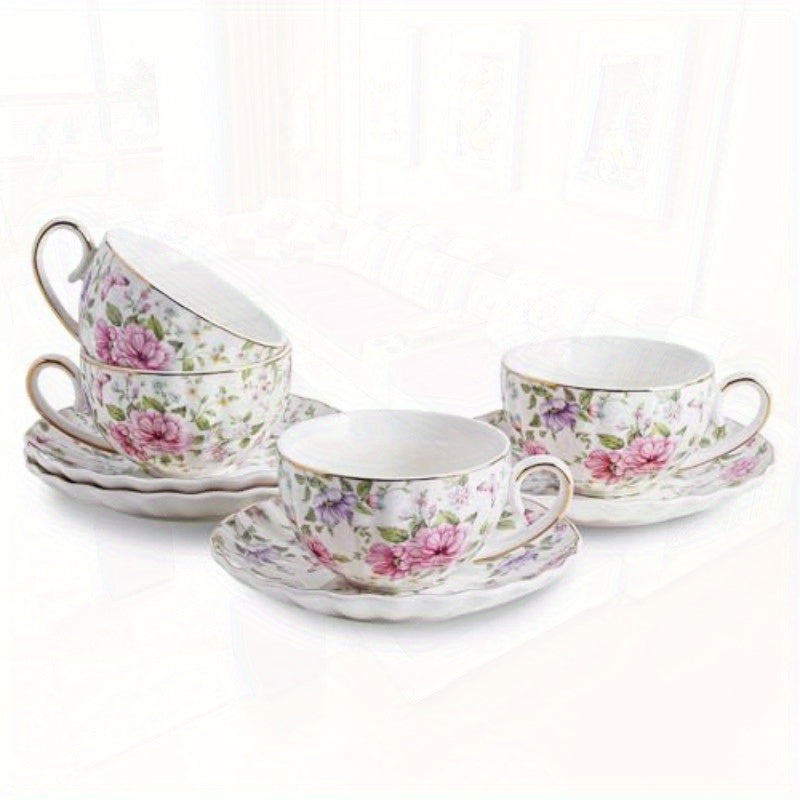 Tea Cup and Saucers 6. 4oz Floral Tea Cups with Golden Trim Porcelain Bone China Teacup Coffee Cappuccino Espresso Latte Mugs for Party Birthday Party Cafe Home Christmas Gift Green