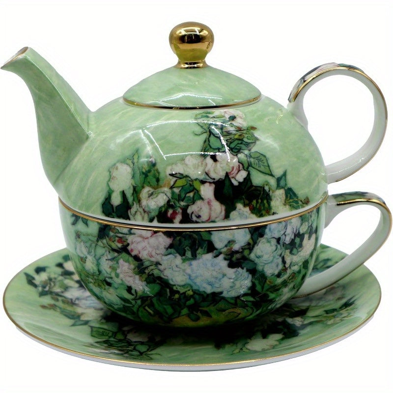 Porcelain 13oz Tea for One Teapot and Cup Set Vintage Floral Ceramic Tea Set European Style Tea pot and Saucer Set White Roses, Tea Pot And Cup Set, Tea Set with Pot And Cups, Tea Cup Set with Pot, Chinese Tea Set, Tea Cups Set, Home Tea Ceremony,