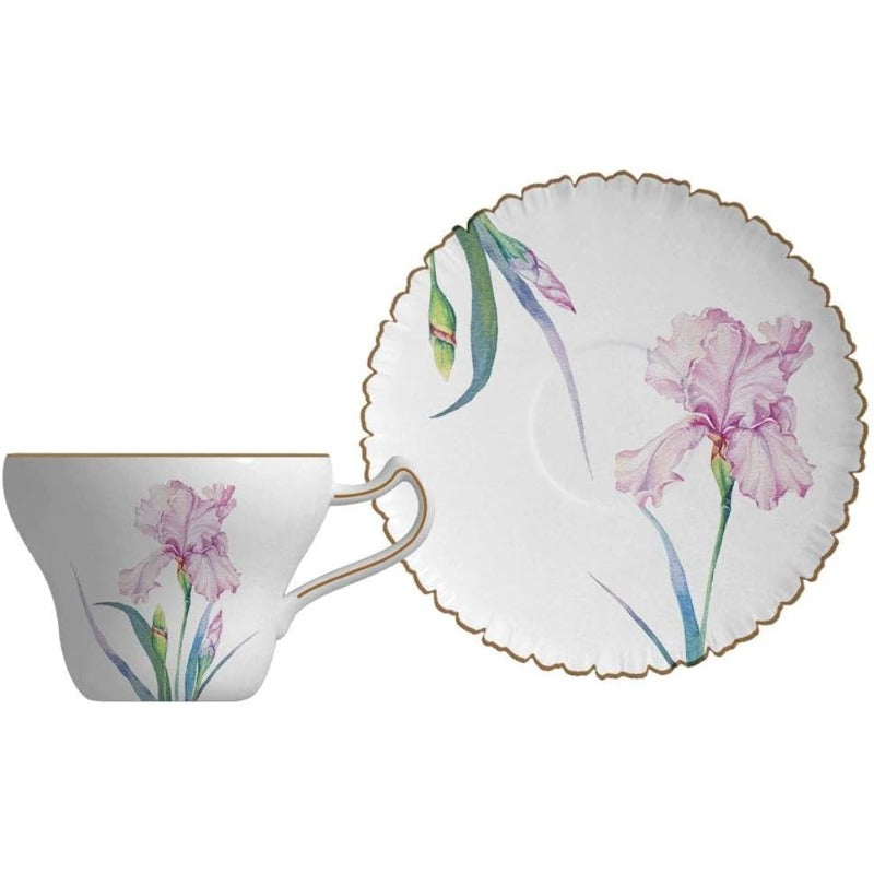 Bone China Tea Cup Set with Saucer Spoon 3 Piece Set 7oz Cappuccino Latte Cups Porcelain British Style Mother's Day Gift (Pink Iris)