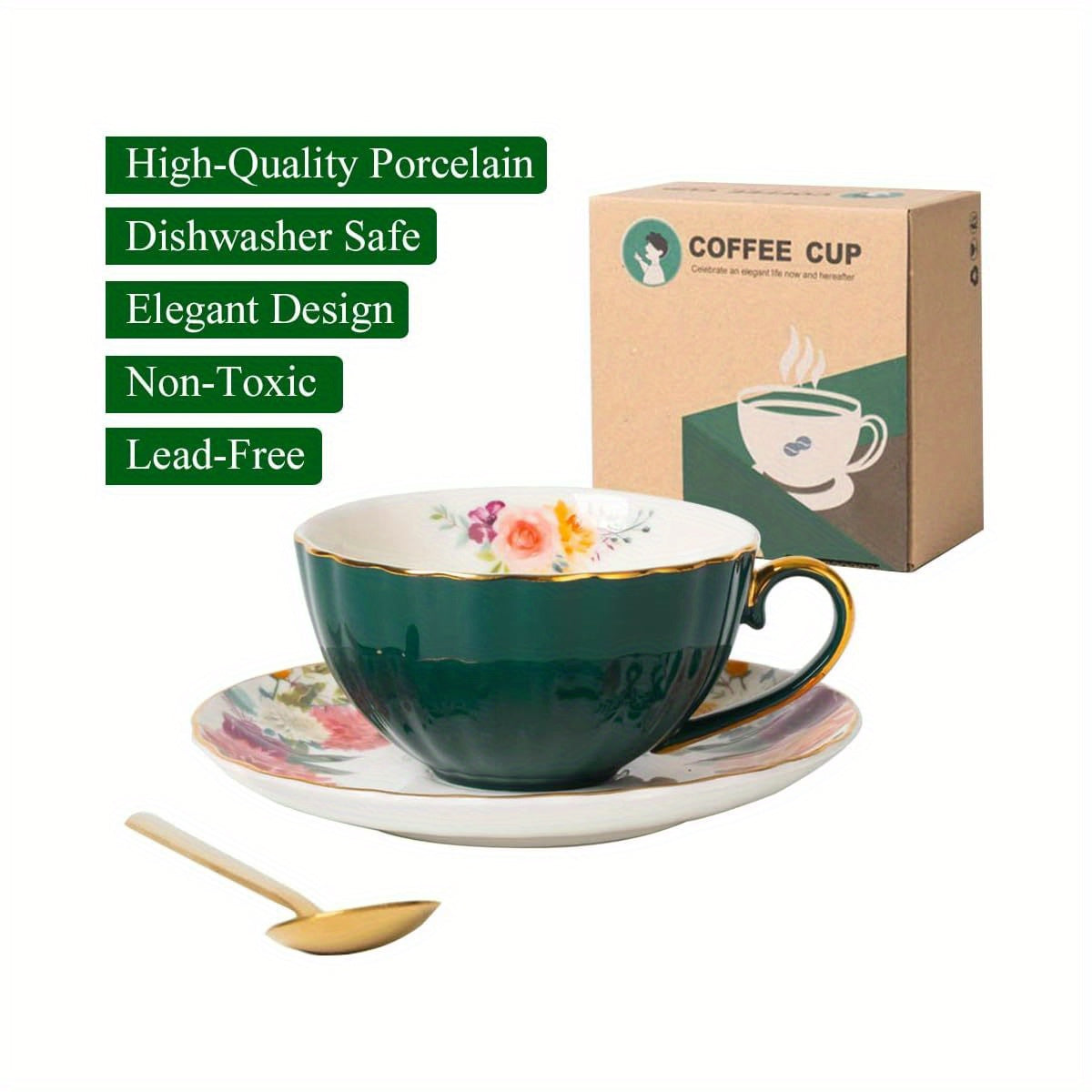 Green Tea Cup and Saucer, Porcelain Coffee Cup Royal Ceramic Floral Lined Design Teacup with Golden Trim and Spoon, 8oz Vintage China Mug Cup for Latte, Cappuccino, Tea Sets Birthday Gift, Tea Cup Set with Tray, Cappuccino Cup, Coffee Cup And Saucer Set,