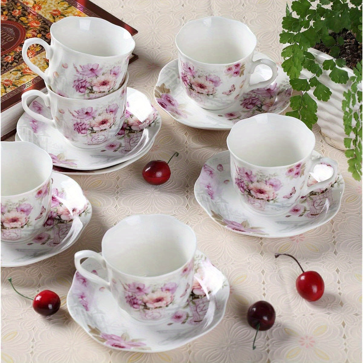 China Tea Cups And Saucers Set of 6- 7Ounce/ 200Ml - Tea Gift Sets for Adults - Purple Floral Porcelain Teacup with Saucer for Tea Party( Total 12pcs)