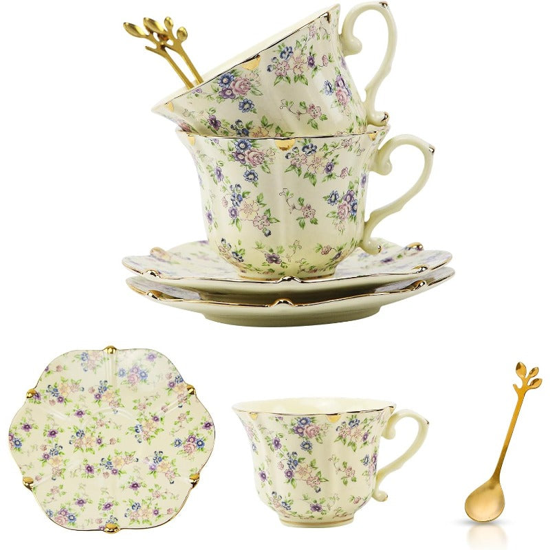 Country Roses Bone China Tea Cup and Saucer Set 6 Pieces Vintage Style For Women and Tea Parties
