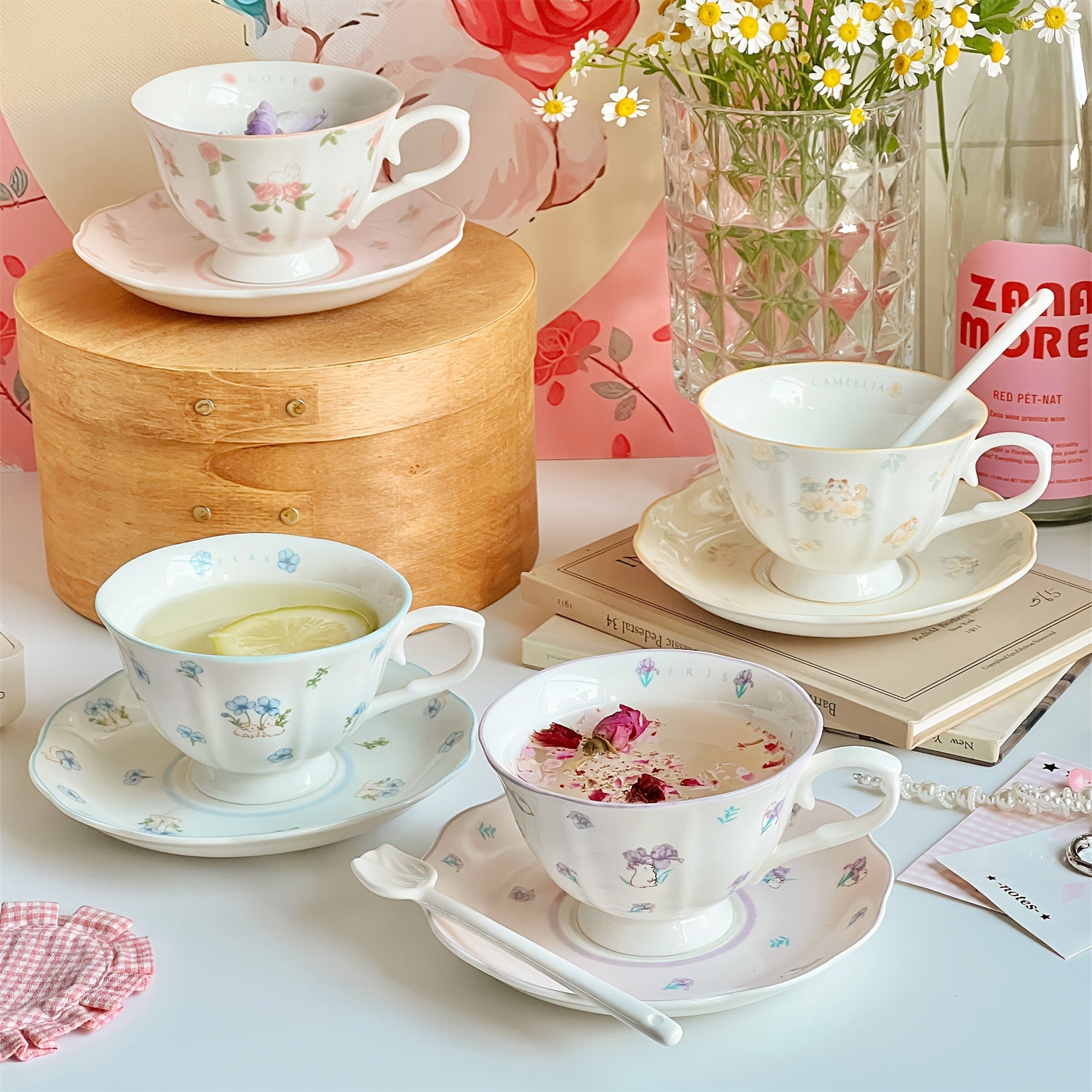 Elegant Vintage French-Inspired Teacup And Saucer Set - Whimsical Floral And Animal Motifs for Afternoon Tea, Coffee, Or Decor - Includes Matching Spoon (4pcs Set - Porcelain/Bone China), Best for Christmas, Perfect for Thanksgiving