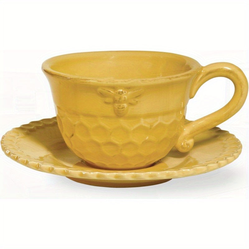 Emed Stoneware Teacup and Saucer Set 8Ounces Honeycomb - Elegant Yellow Glass Cup with Floral Design, Perfect for Travel, Hand Wash Only, Ideal for Tea and Coffee, Travel Drinkware | Floral Pattern Cup | Durable Glassware, Tea Cup Set