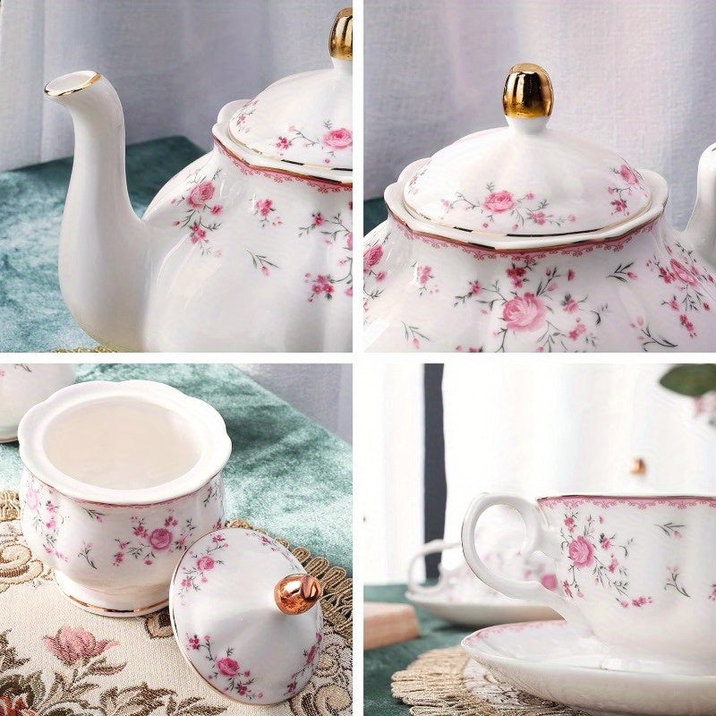 Vintage Floral Tea Set for Women - Elegant Pink Rose & White Porcelain Tea Party Set with Teapot, Cups & Saucers, Spoons - Wedding, Bridal Shower, Tea Party Decorations - Durable & Easy-Clean Porcelain for Formal or Everyday Use - Ideal Gift for Tea