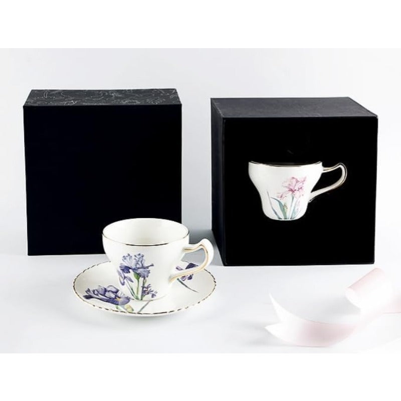 Bone China Tea Cup Set with Saucer Spoon 3 Piece Set 7oz Cappuccino Latte Cups Porcelain British Style Mother's Day Gift (Pink Iris)