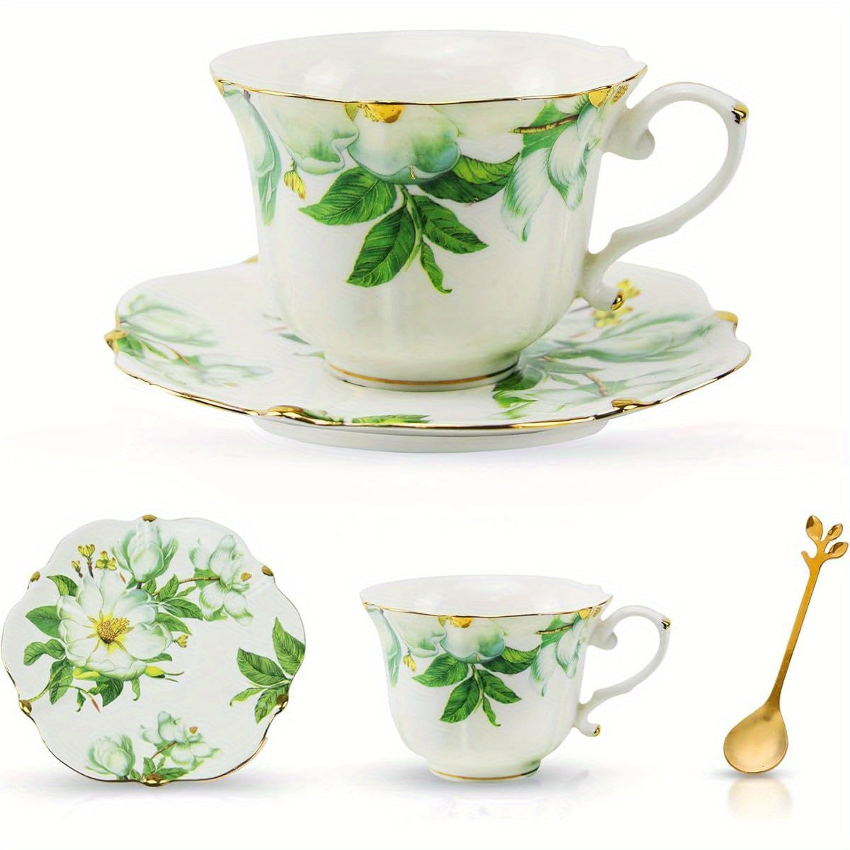 Country Roses Porcelain Tea Cup and Saucer Set with Golden Trim, 3pcs, Vintage Style, for Women and Tea Parties ( 1, Green)