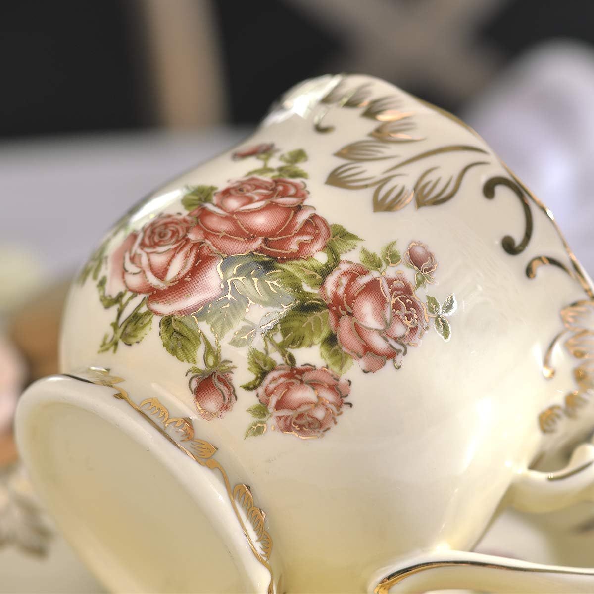 YOLIFE Vintage Floral Tea Cup and Saucer Set with Spoon - 8oz Ceramic Teacup, Ivory & Pink Rose Design with Golden Leaf Trim, Elegant Gift for Women, Afternoon Tea, Special Occasions, Durable & Easy-Clean Porcelain Set