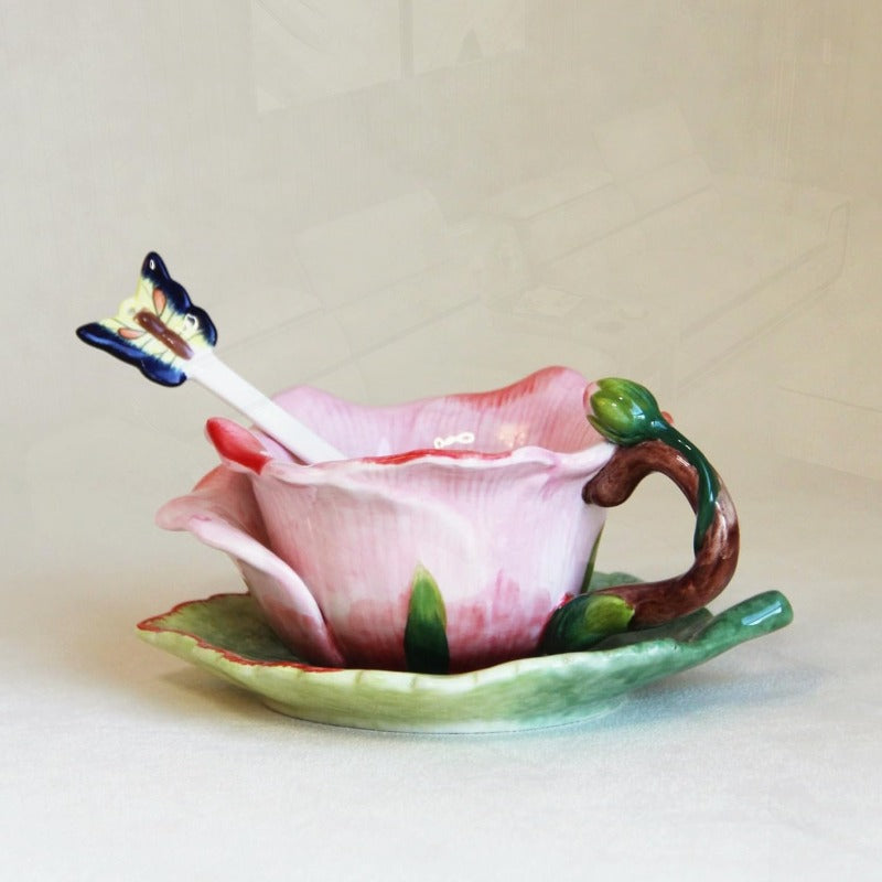 1pc Elegant Hand-Painted Ceramic Tea Cup and Saucer Set with Butterfly Spoon - 6oz Pink Rose & Green Leaf Floral Design, Soft Pastel Colors (Pink, Green, Yellow, Brown) - Hand-Painted Dolomite Ceramic Mug for Coffee, Tea, Hot/Cold Drinks - Decorative Gift