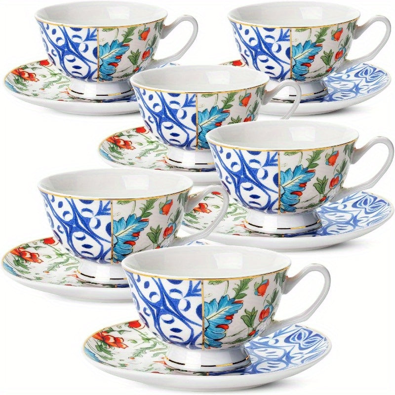 BTaT Set of 6 Vintage Indigo Bloom Floral Porcelain Tea Cups & Saucers - 8oz Elegant Blue & White Bone China-Style Cups with Dishwasher Safe Design, Microwave & Freezer Safe, Stackable for Space-Saving Storage - Ideal for Tea, Coffee, Home or Gifting,
