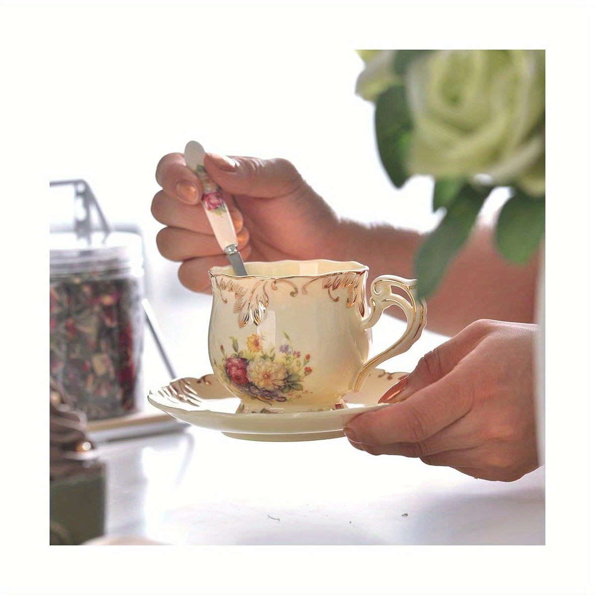 YOLIFE Vintage Floral Tea Cup and Saucer Set with Golden Trim - Elegant 8oz Ceramic Tea Service, Elegant Beige & Golden Floral Pattern, Dishwasher Safe (Hand Wash Recommended) - Luxury Tea Set for Women, Wedding, Anniversary, Housewarming Gifts - Elegant