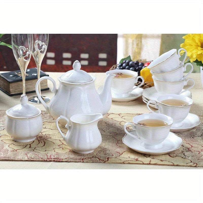 15pcs Porcelain Tea sets for Adults Emed Pattern with Golden Trim A set Included 1 Teapot 1 Sugar Bowl 1 Cream Pitcher 6 Cups and 6 Saucers, Tea Pot And Cup Set, Chinese Tea Ware, Tea Cup Set with Tray, Tea Cups Set, Tea Set with Pot, Home Tea Party,