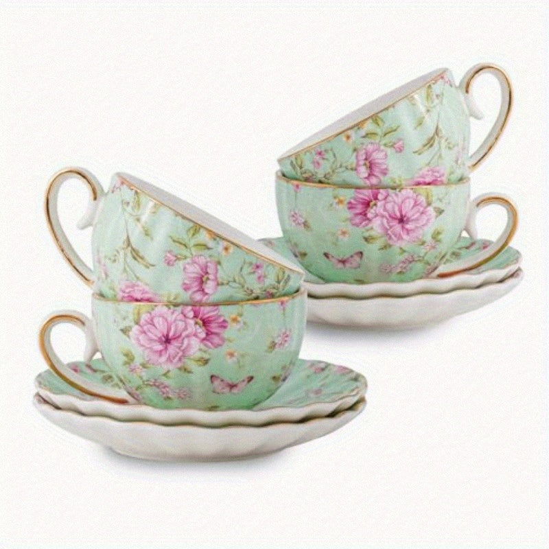 Tea Cup and Saucers 6. 4oz Floral Tea Cups with Golden Trim Porcelain Bone China Teacup Coffee Cappuccino Espresso Latte Mugs for Party Birthday Party Cafe Home Christmas Gift Green