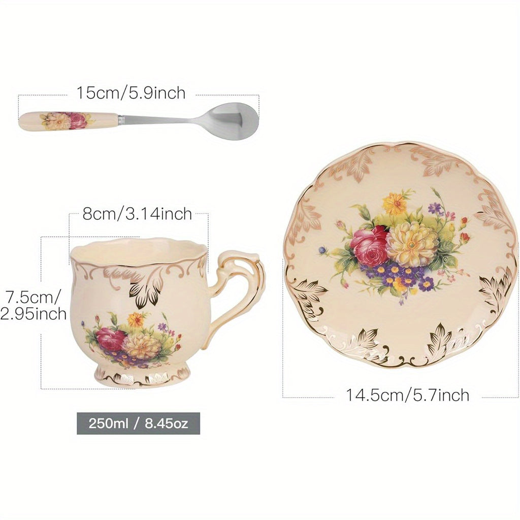 YOLIFE Vintage Floral Tea Cup and Saucer Set with Golden Trim - Elegant 8oz Ceramic Tea Service, Elegant Beige & Golden Floral Pattern, Dishwasher Safe (Hand Wash Recommended) - Luxury Tea Set for Women, Wedding, Anniversary, Housewarming Gifts - Elegant
