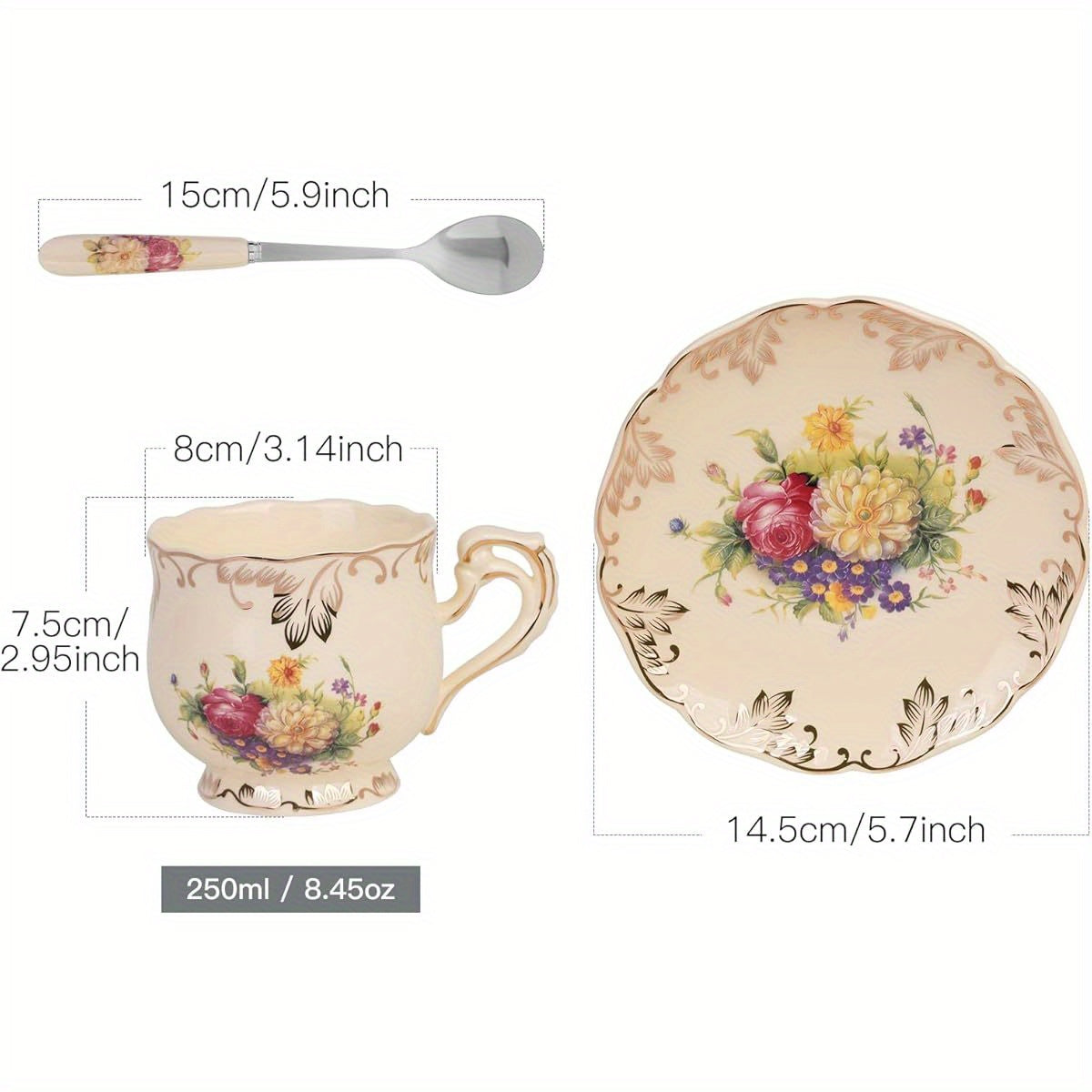 YOLIFE Vintage Floral Tea Cup and Saucer Set with Golden Trim - Elegant 8oz Ceramic Tea Service, Elegant Beige & Golden Floral Pattern, Dishwasher Safe (Hand Wash Recommended) - Luxury Tea Set for Women, Wedding, Anniversary, Housewarming Gifts - Elegant