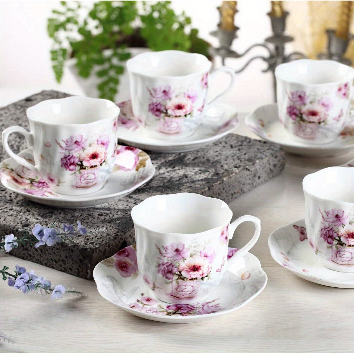 China Tea Cups And Saucers Set of 6- 7Ounce/ 200Ml - Tea Gift Sets for Adults - Purple Floral Porcelain Teacup with Saucer for Tea Party( Total 12pcs)