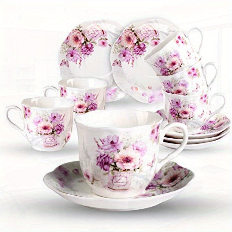 Elegant Tea Cups and Saucers Set of 6 7oz Floral Porcelain Teacup Set for Women Microwave Dishwasher Safe Ideal Gift for Tea Lovers